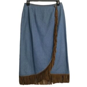 VTG Lew Magram Western Cowgirl Hippie Boho Leather Fringe Denim Maxi Skirt Sz 14